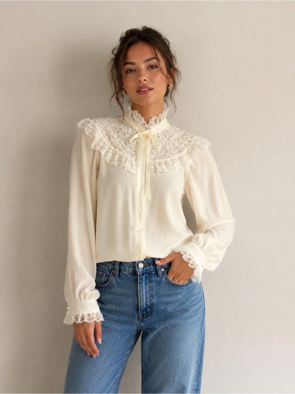 Vintage Teddi of California Lace Collar Blouse Ivory Victorian Romantic Sheer 8